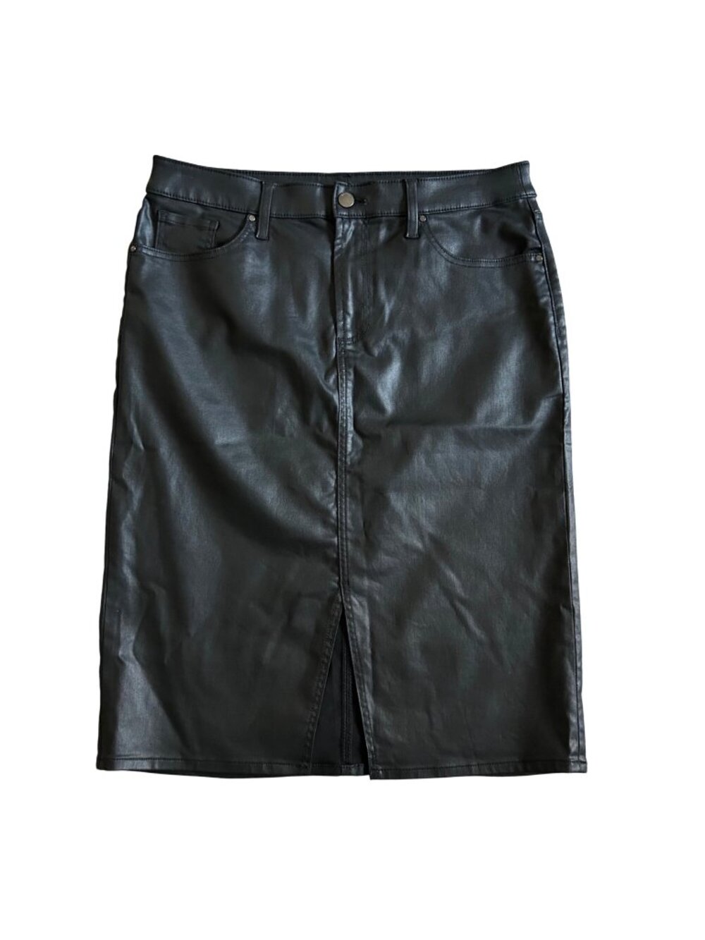 Chicos Women's Sz 12 Black Faux Leather Pencil Skirt With Front Slit Mid-Length
